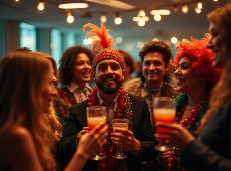 A group of people in colorful carnival costumes at an office party, some holding drinks, with a blurred office background.