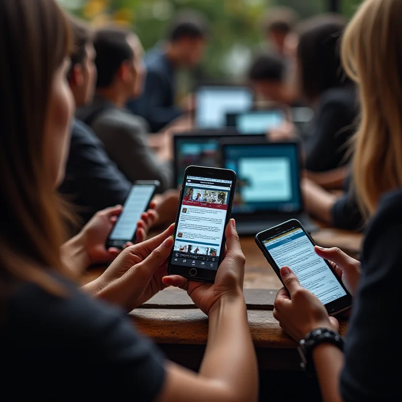 A diverse group of people looking at their mobile phones, tablets, and laptops, all displaying the FAZ.NET website.