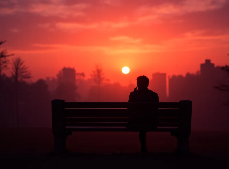 A person sitting on a park bench looking thoughtfully at the sunset.