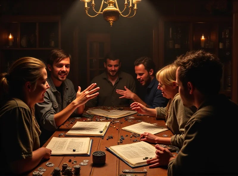 Group of diverse people playing Dungeons and Dragons around a table, laughing and having fun.