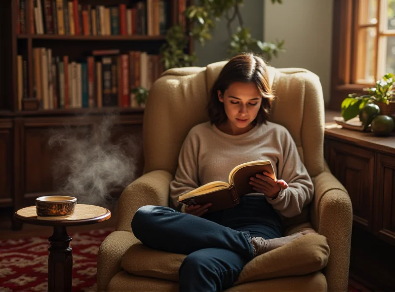 A person sitting in a comfortable armchair, reading a book and drinking tea, with a warm and inviting atmosphere.