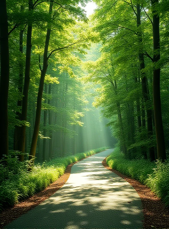 A winding road through a lush green forest, with sunlight filtering through the trees.