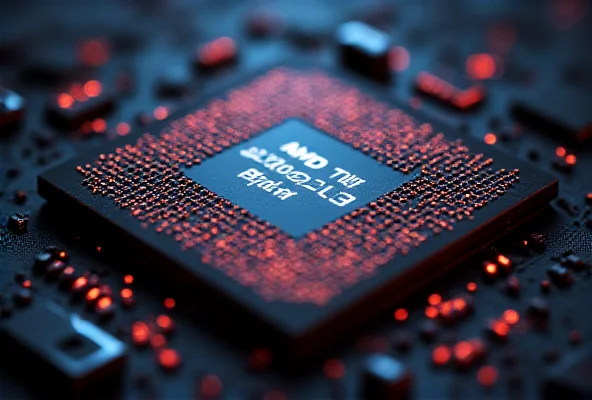 Close up of AMD chip with intricate circuit patterns.
