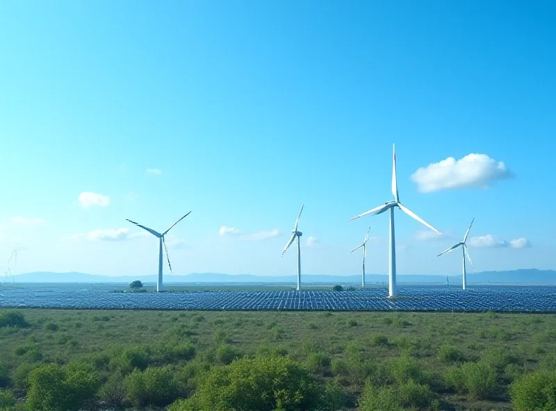 A wide shot of a wind farm with solar panels in the foreground, under a bright blue sky, representing renewable energy and sustainable investments.