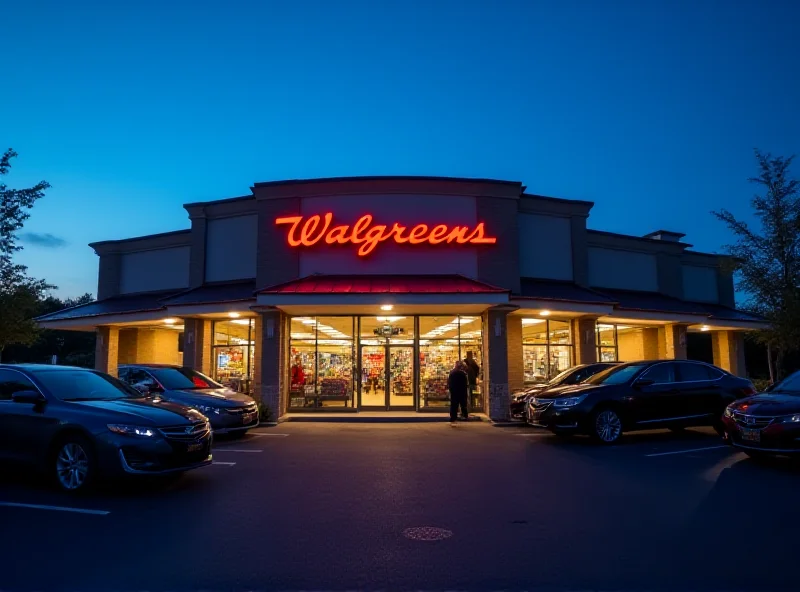Exterior of a Walgreens drugstore at dusk.