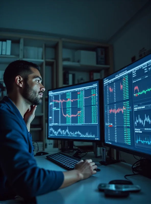 A person sitting at a desk with charts and graphs on a computer screen, looking thoughtful.
