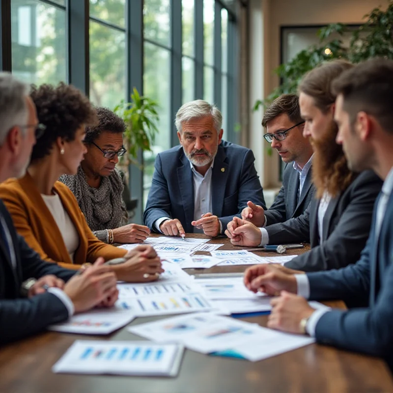 A diverse group of people discussing investment strategies around a table.