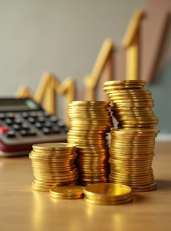 Stack of coins with a calculator and graph in the background.