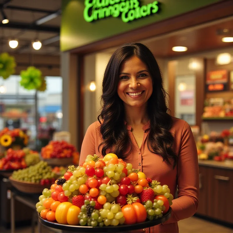 A smiling woman, Somia Farid Silber, stands confidently in front of an Edible Arrangements store, holding a fruit arrangement.