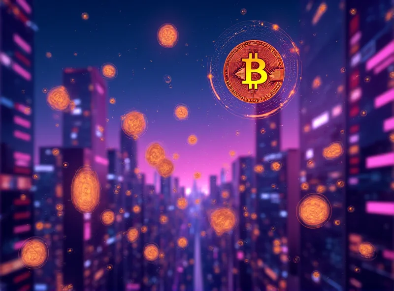 A digital rendering of various cryptocurrencies floating in a futuristic cityscape.