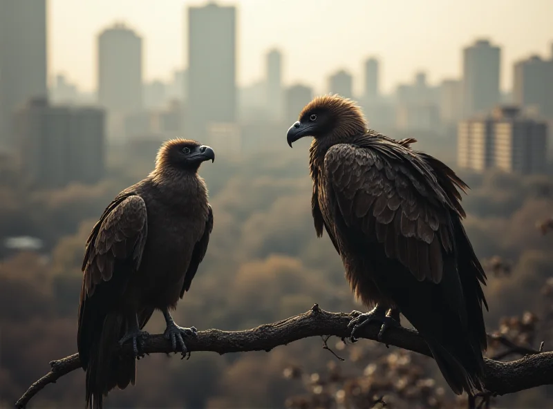 A vulture perched on a branch with a cityscape in the background
