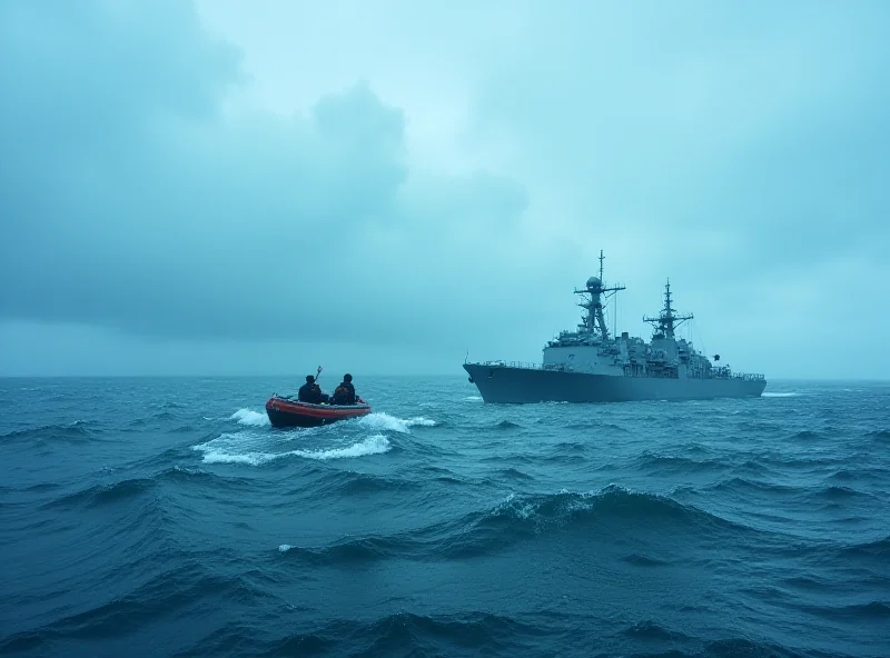 Image of a navy ship rescuing a small boat in rough seas.