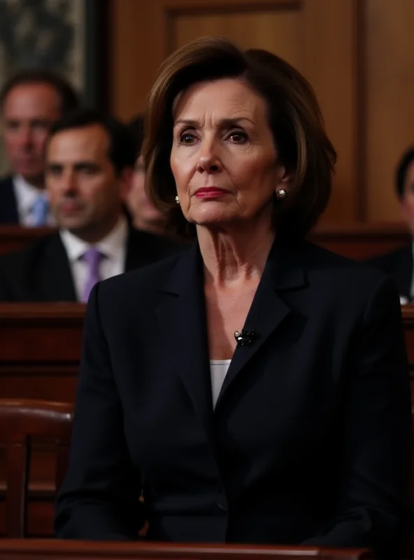 Image of Nancy Pelosi sitting on the House benches with a serious expression.