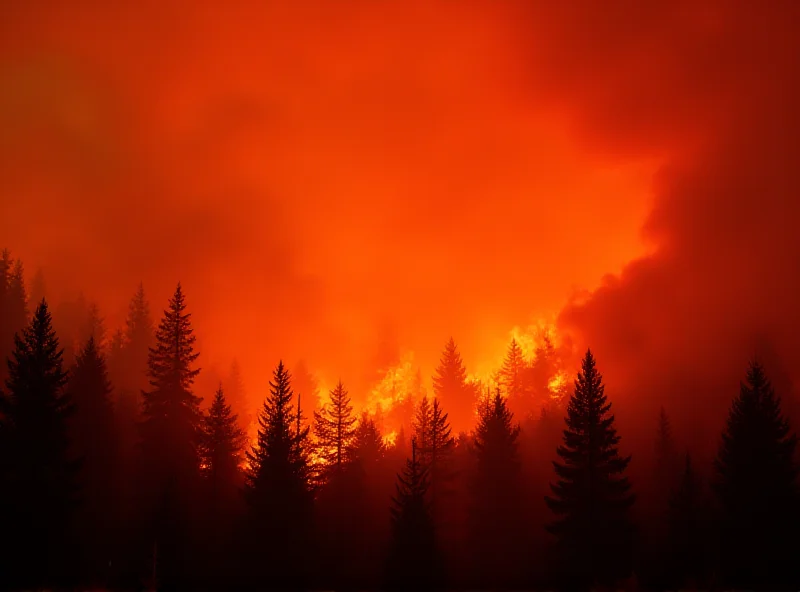 Image of a wildfire raging through a forest, with smoke filling the sky.