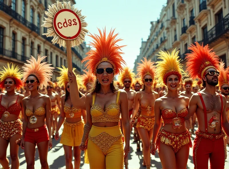 A vibrant photograph of a Rio de Janeiro Carnival parade from the 1940s. Participants are dressed in elaborate costumes with anti-Nazi symbols prominently displayed.