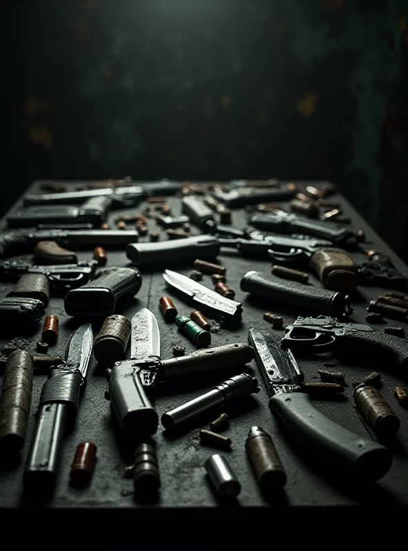 A collection of various weapons, including firearms and knives, laid out on a table. The scene is dimly lit, creating a sense of foreboding and danger.