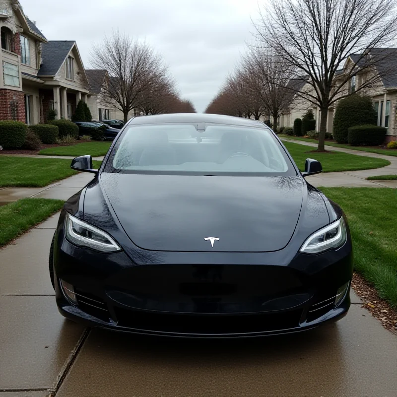 A sleek, modern Tesla car is parked in a driveway. The scene is suburban, with well-manicured lawns and houses in the background. The car is clean and polished, but there is a sense of unease or tension in the air.