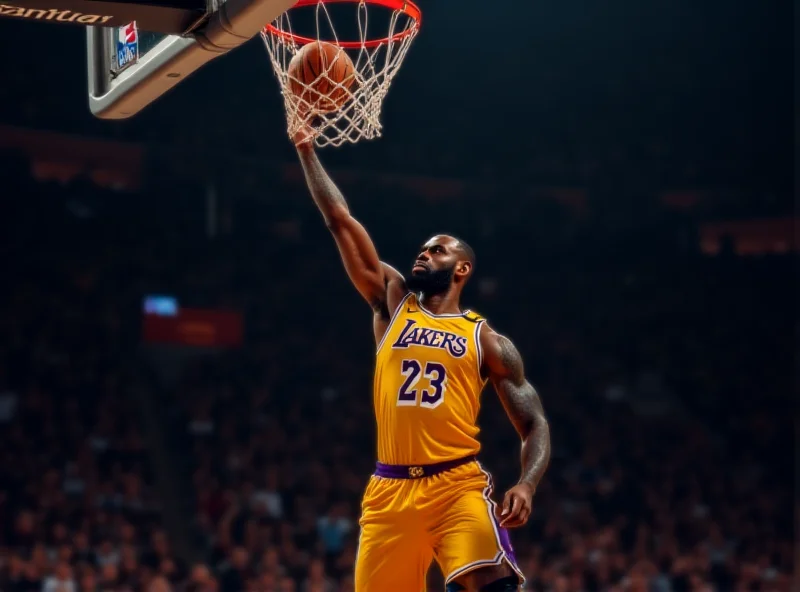 Lakers player LeBron James dunking during a game.