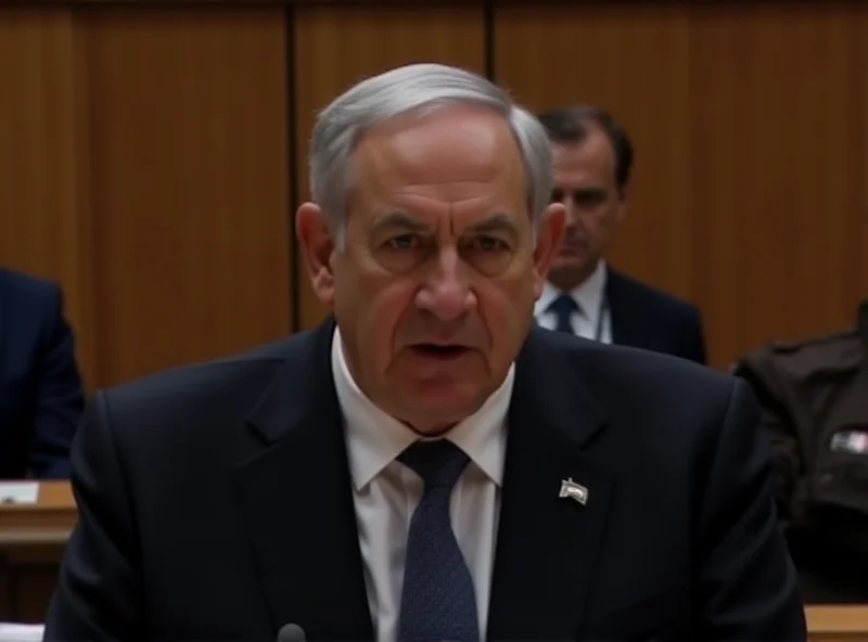 Benjamin Netanyahu addressing the Knesset, surrounded by security. He looks stressed and concerned.