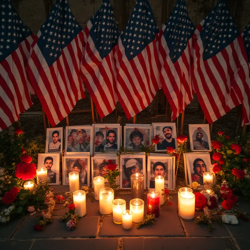 A memorial with American flags and photos of the Americans killed or taken hostage during the October 7th Hamas attack.