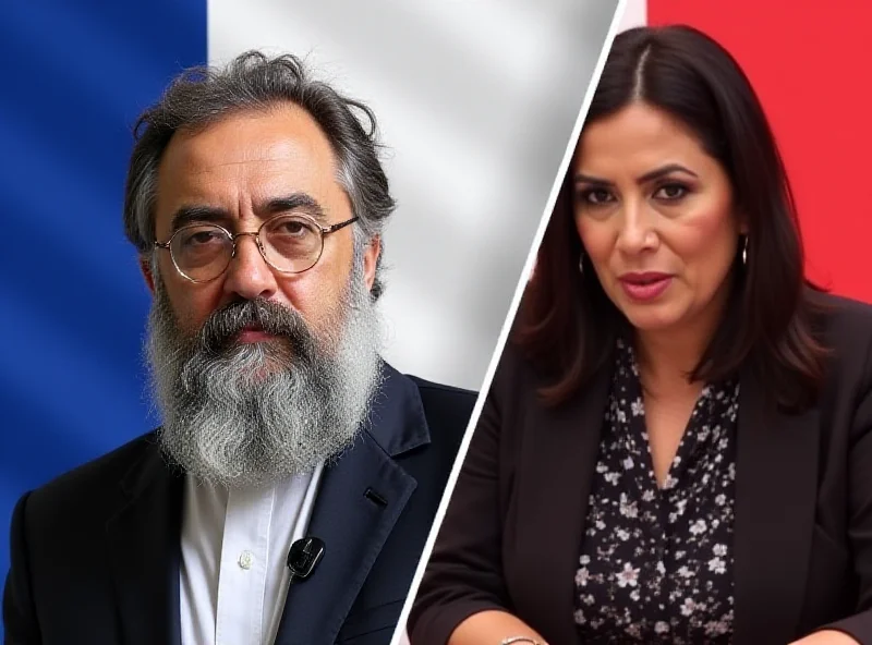A split image showing Hassen Chalghoumi, the Imam of Drancy, and Rima Hassan, a pro-Palestinian MEP. The image is set against a background of the French flag.
