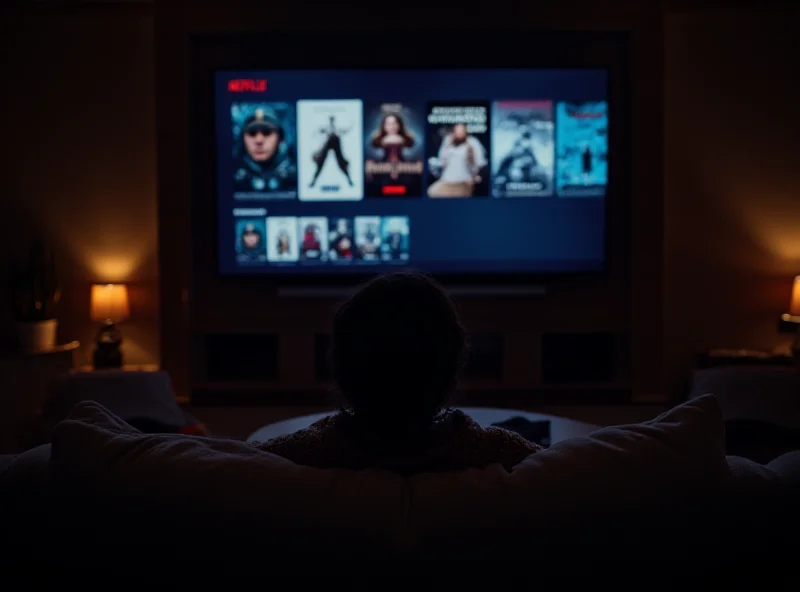 A person sitting on a couch watching Netflix on a large screen television. The room is dimly lit and comfortable.