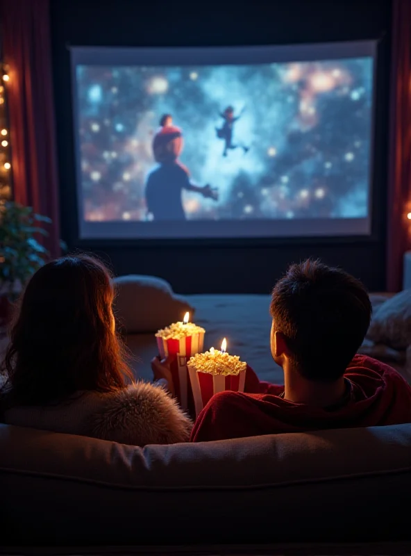 A diverse group of people watching a movie together on a large screen in a cozy living room setting with popcorn and blankets.