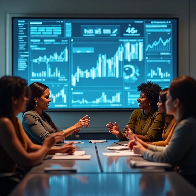 A group of diverse women in a business meeting, discussing financial strategies and investment opportunities with charts and graphs displayed on a screen.