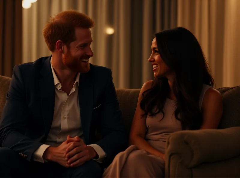Prince Harry and Meghan Markle sitting on a couch, laughing, in a candid moment. Warm lighting and a relaxed atmosphere.