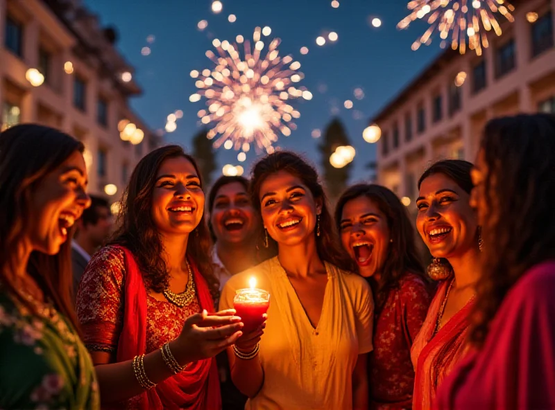 A diverse group of people celebrating Diwali together with fireworks in the background.