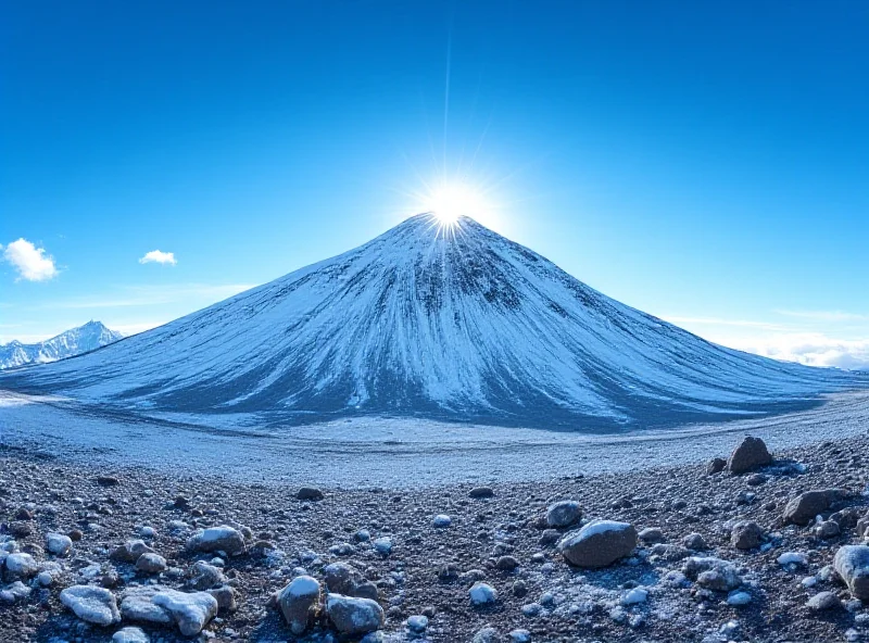 A dramatic landscape of the Tupungato lava dome in Argentina, with snow-capped peaks and a vast, rocky terrain.