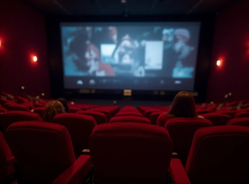 A movie theater interior with a large screen showing a film trailer and people sitting in the seats watching.