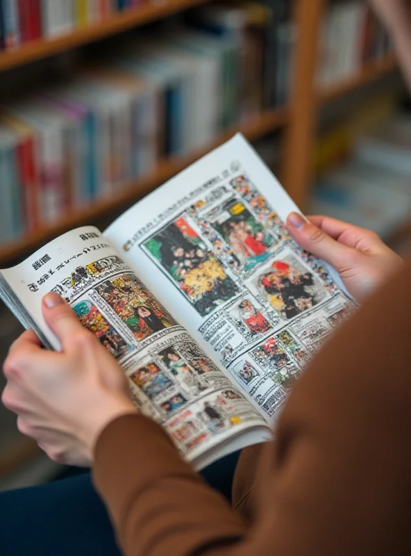 Close-up shot of a person's hands holding a manga book, with vibrant artwork visible on the cover.