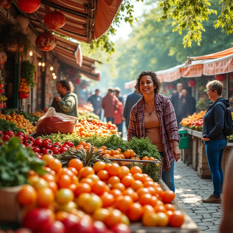 A vibrant image of a farm park, showcasing fresh produce and happy customers.