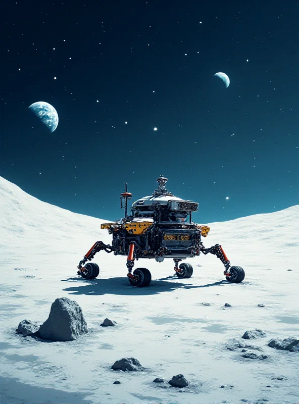 A stylized image of a robotic lander touching down on the Moon, kicking up moon dust.