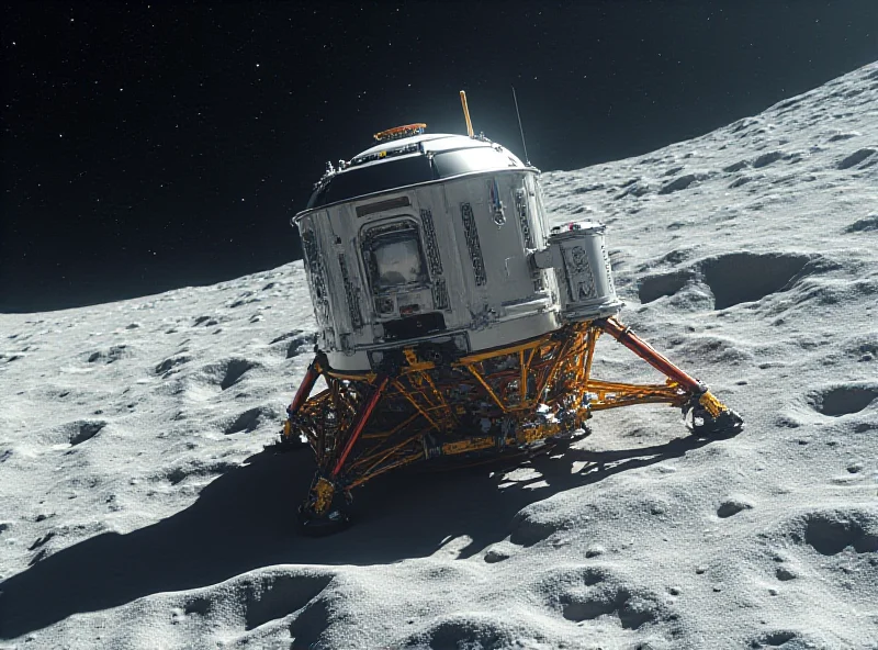 A futuristic rendering of the Athena lunar module approaching the Moon's surface.