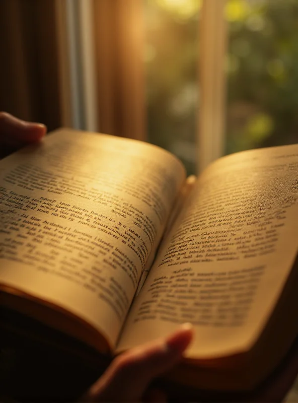 Close up of a hand holding a book, sunlight streaming through a window, creating a warm and inviting atmosphere. The book is open to a page with text in a Romance language.