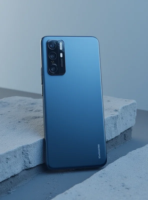 AI generated image of a stylish Poco M7 5G smartphone with a focus on its rear camera setup and 5G connectivity.
