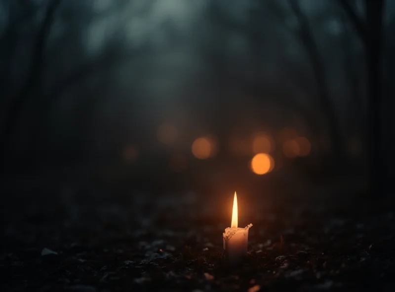 A somber image depicting a candle burning in remembrance, with a slightly blurred background suggesting a memorial service or vigil. The candle is the main focus, casting a soft, warm light, symbolizing hope and remembrance in the face of tragedy.
