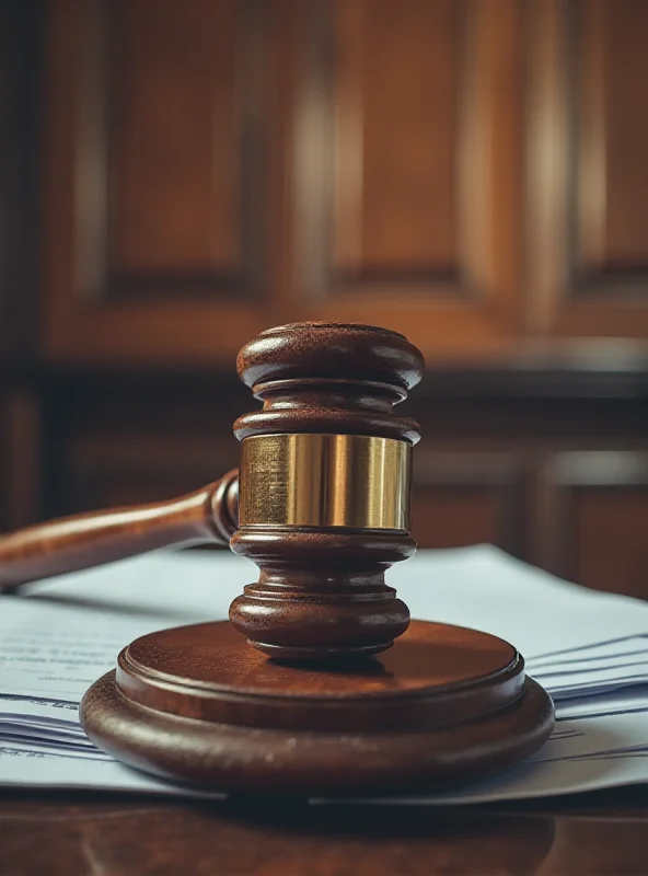 A gavel resting on a stack of legal documents in a courtroom setting. The gavel is polished and reflects the light, symbolizing justice and legal proceedings. The documents are slightly out of focus, suggesting the complexity and detail of the case.