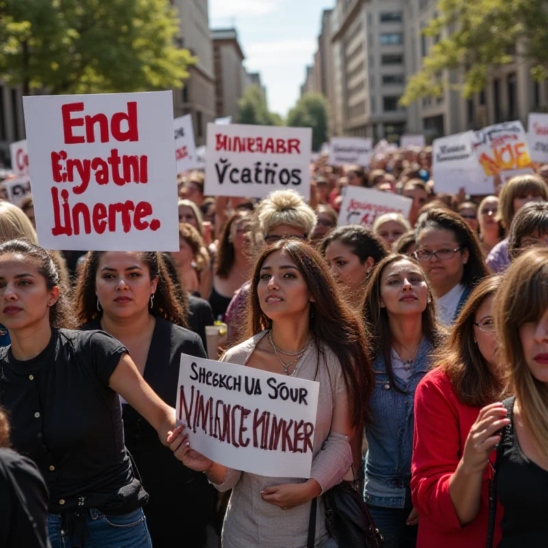 A diverse group of people holding signs advocating for an end to domestic violence. The signs display various messages of support and solidarity, such as 'End Domestic Violence' and 'Justice for Victims'. The crowd is gathered in a public space, likely during a rally or protest.