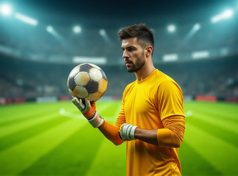 A soccer goalkeeper holding the ball in their hands, looking at the referee with a concerned expression.