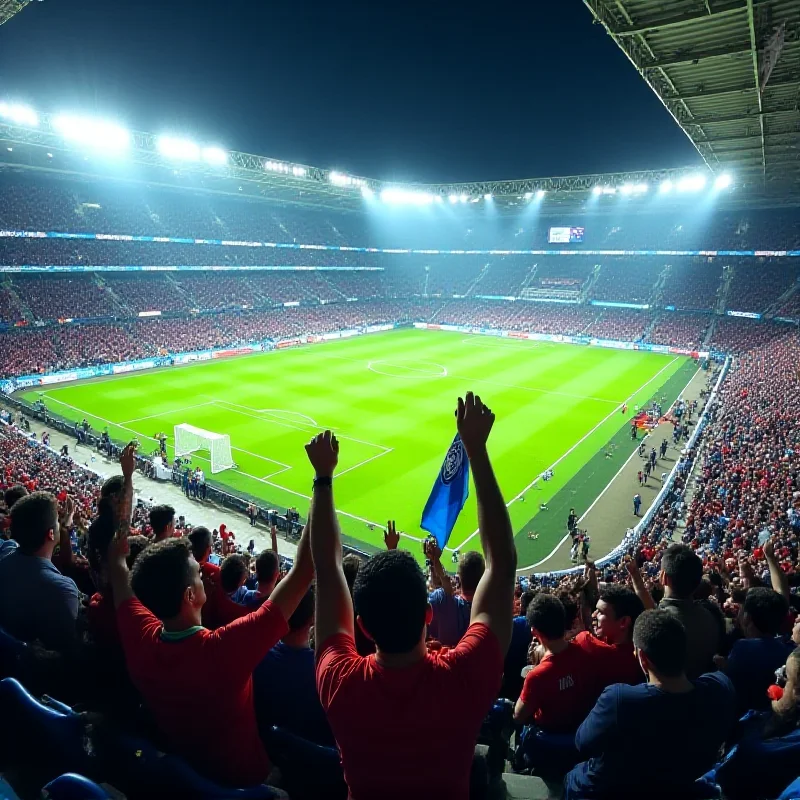 A wide shot of a soccer stadium during a Napoli-Inter game, with fans cheering in the background.