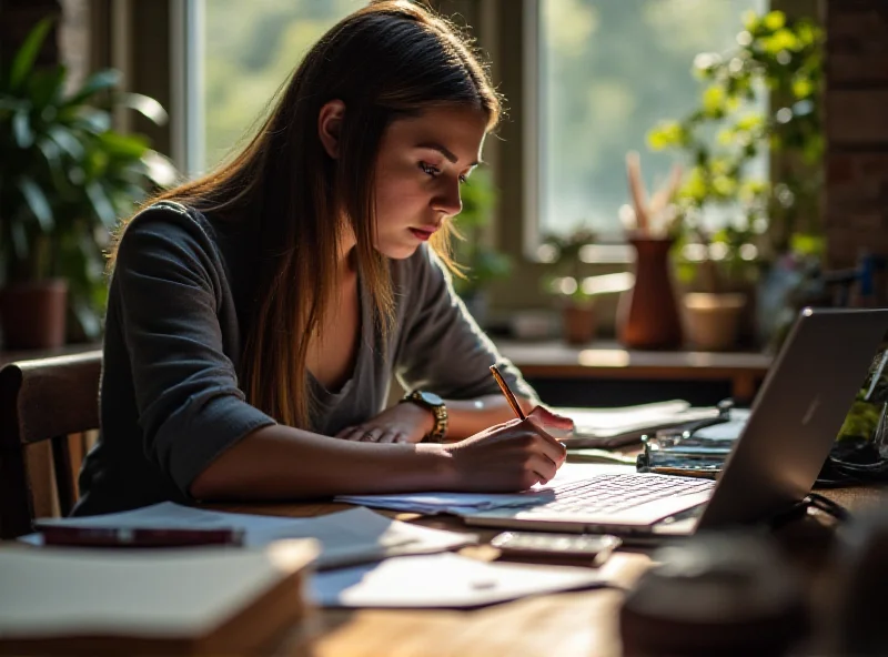 A writer at a desk, focused on writing an essay