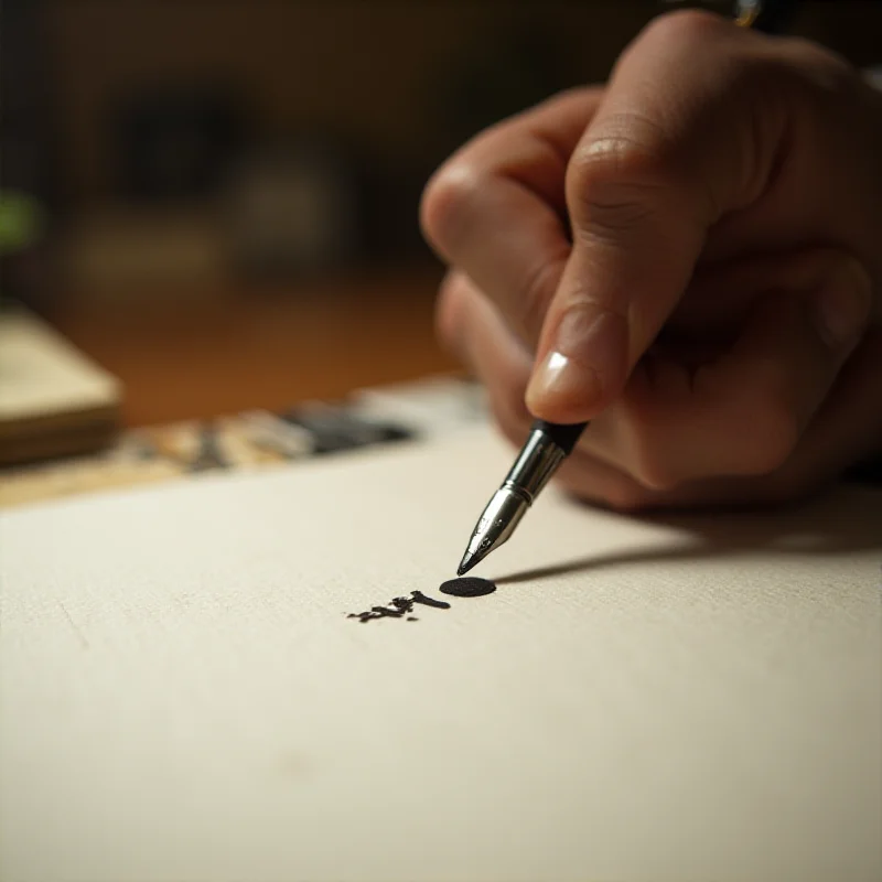 Close up of a person's hand writing with a fountain pen on textured paper