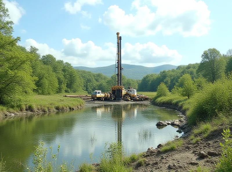 A wide shot of a rural landscape showing drilling equipment actively working to remove contaminants from the groundwater near a lake. Focus on environmental remediation efforts and the contrast between natural beauty and industrial intervention.