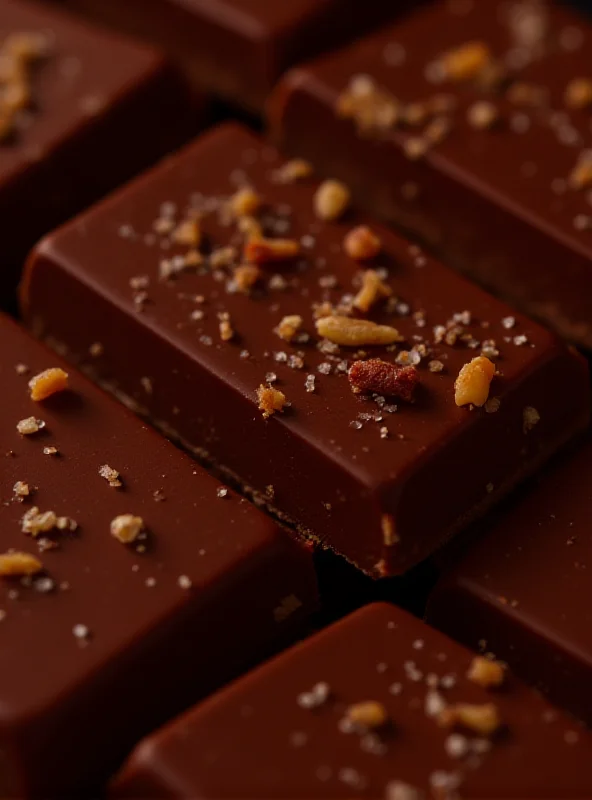 Close-up shot of various dark chocolate bars with different textures and inclusions, such as nuts and dried fruit.