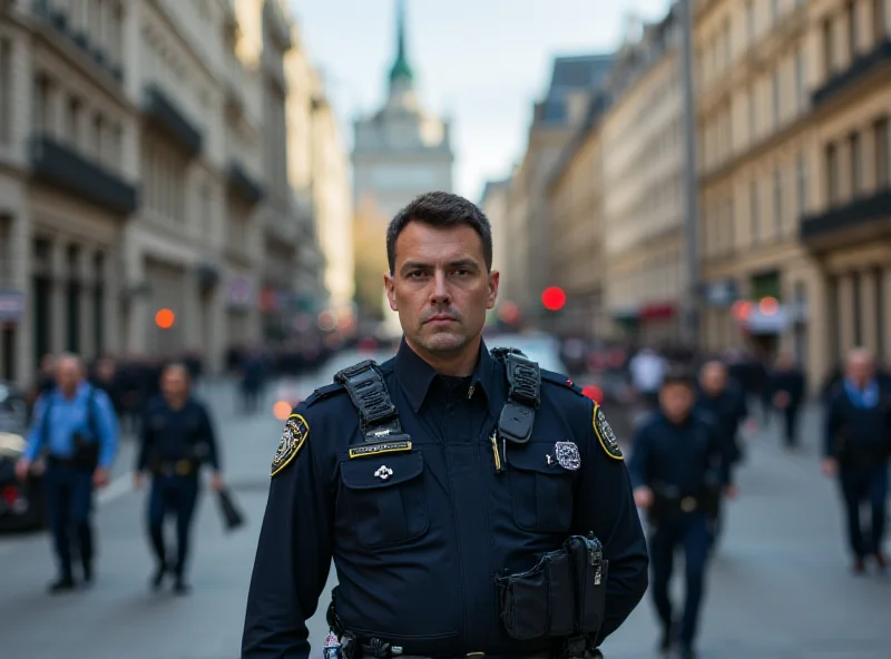 A police officer standing guard in a busy urban environment, symbolizing law enforcement and crime prevention.
