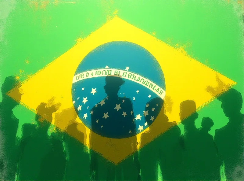 Illustration of a Brazilian flag with a subtle shadow of military figures in the background.