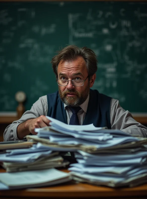 Image of a stressed school headteacher sitting at a desk piled high with papers, looking overwhelmed.